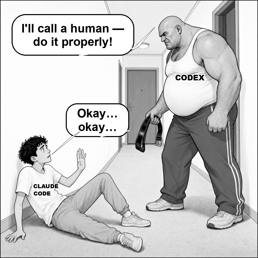 A comic panel: a large figure labelled CODEX stands over a smaller one labelled CLAUDE CODE, holding a belt, saying he will call a human if the work is not done properly; the smaller one answers “okay… okay…”.