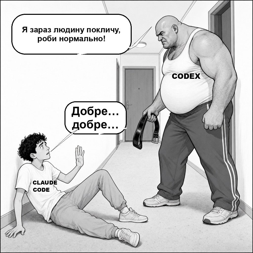 Кадр комікса: велика постать із написом CODEX стоїть над меншою з написом CLAUDE CODE, тримає пасок і каже, що покличе людину, якщо робота не буде зроблена нормально; менша відповідає «добре… добре…».