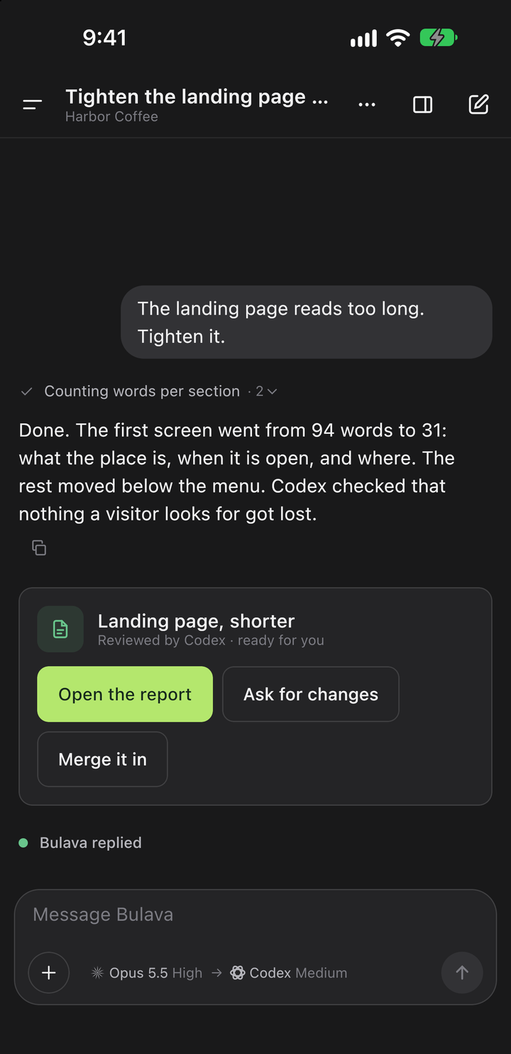 Reviewed work on the phone: open the report, ask for changes, or merge it.