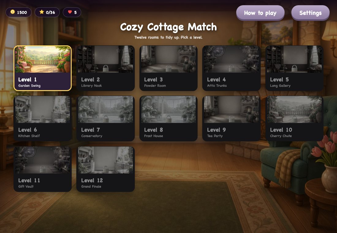 Cozy Cottage Match — the game the two-position pipeline produced, twelve rooms to play.