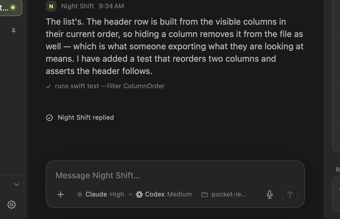 The composer at the bottom of a product's conversation, with the engine selector set to Claude and Codex, and the task card above it.