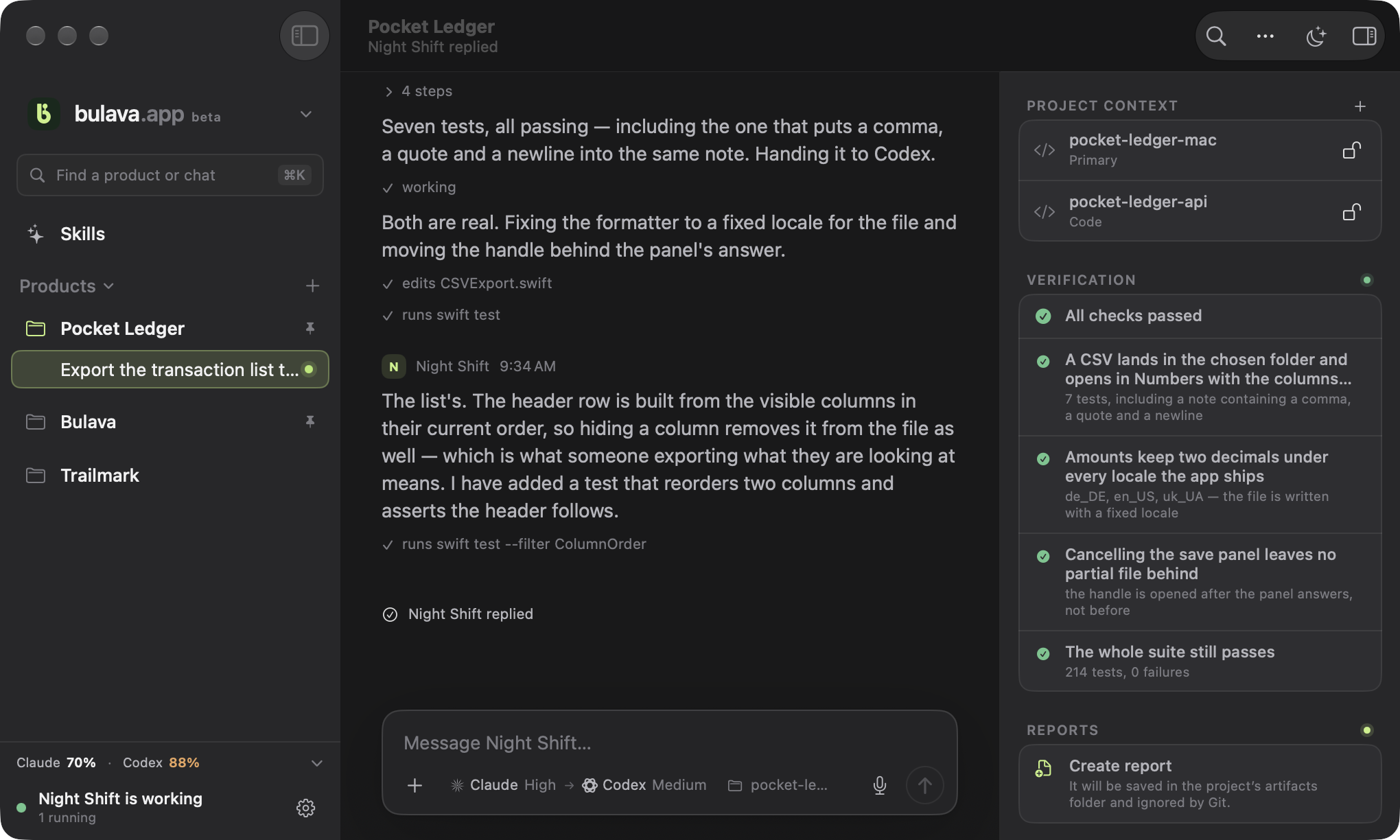 The Bulava window: products in the sidebar, one product's conversation in the centre with the agent's transcript, and the inspector on the right showing the folders in context and the verification evidence for this run.
