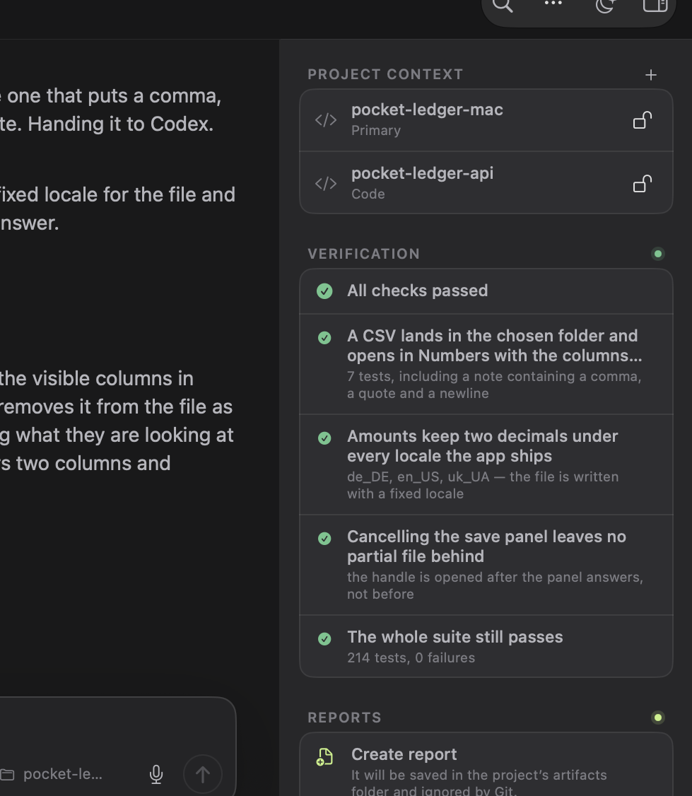 The inspector for a finished run: the folders in context, and the verifier's evidence — each acceptance criterion with the command that checked it and what it said.
