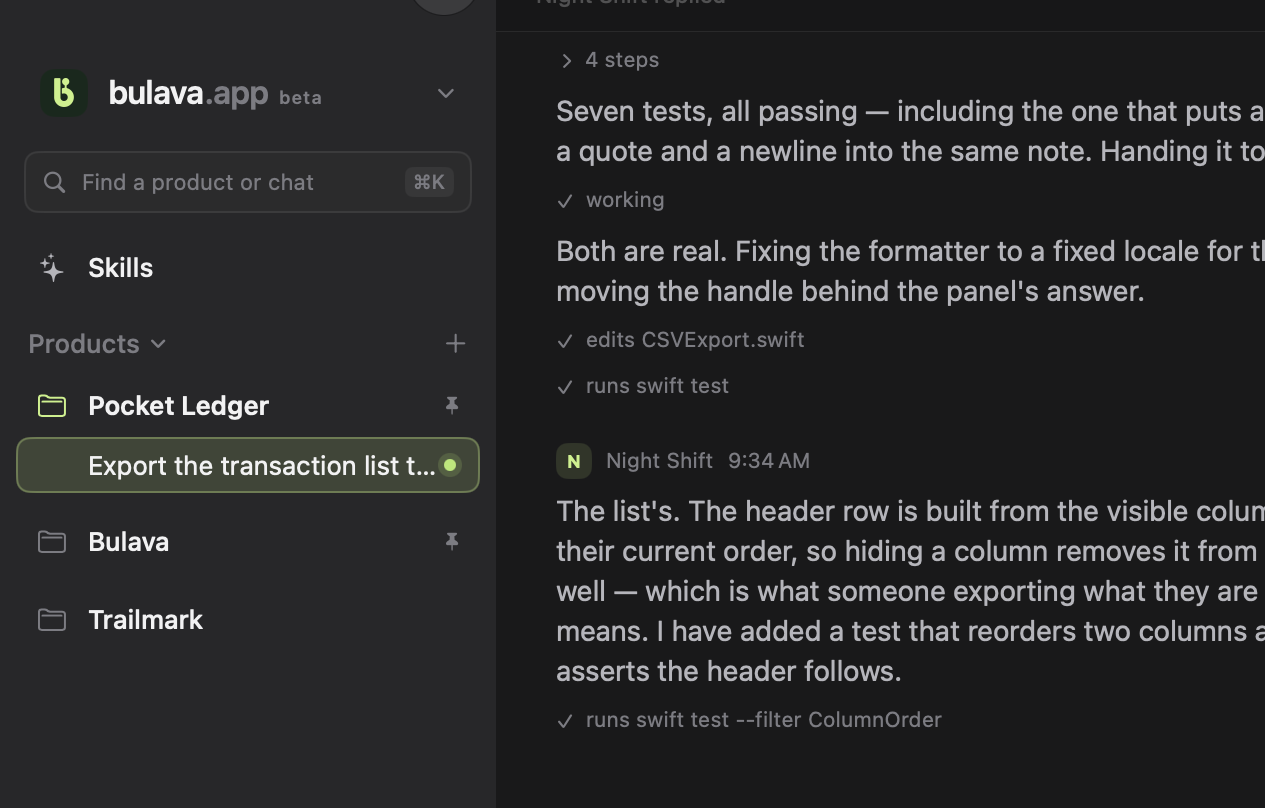 A task card mid-run: the step it is on, the tools the agent has just used, and the usage meters for Claude and Codex in the sidebar.